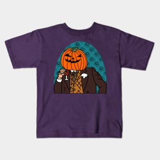 Pumpkin Head Drinking Wine Halloween Horror Portrait Kids T-Shirt